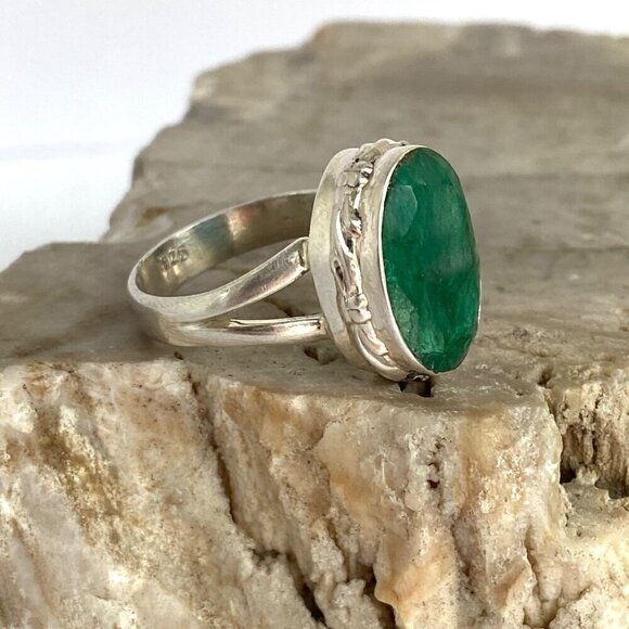 Sterling Silver 925 Oval Bezel Set Faceted Green Jadeite Split Shank Ring Sz 8.5 - Picture 4 of 16